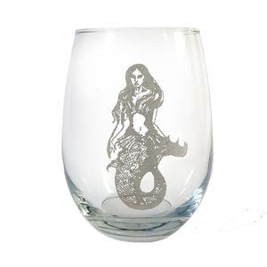Mermaid Engraved Stemless Wine Glass, Beach Decor